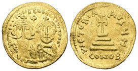 Heraclius with Heraclius Constantine, AD 610-641. AV, Solidus. 4.35 g. 20.79 mm. Constantinople. 
Obv: δδ NN hЄRACLIЧS ЄT hЄRA CONST PP AV. To left, f...