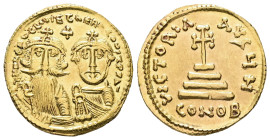 Heraclius with Heraclius Constantine, AD 610-641. AV, Solidus. 4.46 g. 20.46 mm. Constantinople.
Obv: δδ NN hЄRACLIЧS ЄT hЄRA CONST PP A […]. To left...