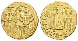 Constans II, Constantine IV, Heraclius and Tiberius, AD 641-668. AV, Solidus. 4.16 g. 18.50 mm.
Constantinople.
Obv: Facing busts of Constans II, la...