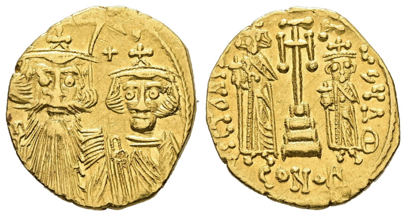 Constans II, Constantine IV, Heraclius and Tiberius, AD 641-668. AV, Solidus. 4....