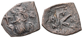 Constans II, AD 641-668. AE, Half Follis. 2.78 g. 20.61 mm. Constantinople. 
Obv: Constans II crowned bust facing, with long beard, holding cross on g...