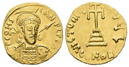 Constantine IV Pogonatus, AD 668-685. AV, Solidus. 4.22 g. 18.48 mm.
Obv: P CONS-TAN-Ч(?) S (retrograde) PPA. Helmeted, diademed and cuirassed bust o...