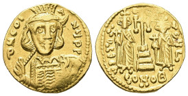 Constantine IV Pogonatus, Heraclius and Tiberius, AD 668-685. AV, Solidus. 4.21 g. 18.65 mm. Constantinople.
Obv: δ N CO[.]ANЧ PP. Diademed, plumed he...
