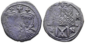 Leo IV the Khazar, Constantine VI, AD 775-780. AE, Follis. 5.60 g. 23.92 mm. Constantinople.
Obv: Crowned busts facing of Leo IV unbearded on left. Co...
