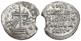 Constantine VI and Irene, AD 780-797. AR, Miliaresion. 1.56 g. 20.30 mm. Constantinople.
Obv: IҺSЧSXPIS-TЧSҺICA. Cross potent on three steps
Rev: CO...