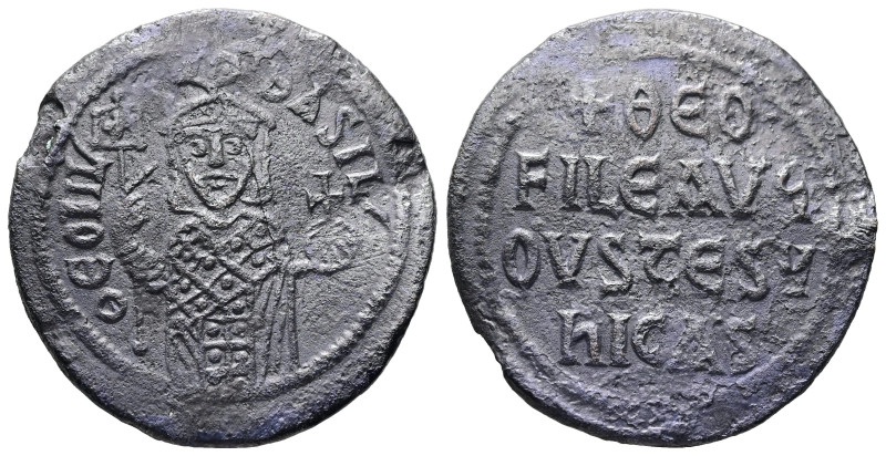 Theophilus, AD 829-842. AE, Follis. 7.52 g. 28.99 mm. Constantinople.
Obv: ΘEOFI...