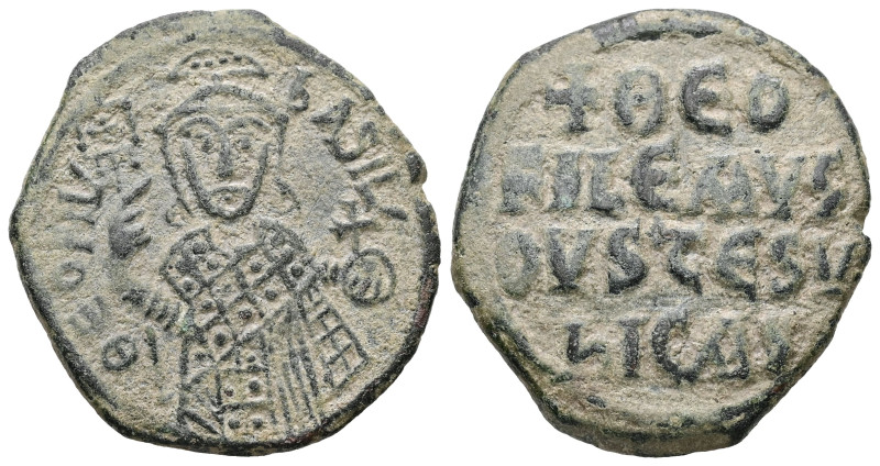 Theophilus, AD 829-842. AE, Follis. 9.04 g. 28.52 mm. Constantinople.
Obv: ΘEOFI...