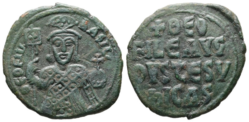 Theophilus, AD 829-842. AE, Follis. 6.58 g. 28.68 mm. Constantinople.
Obv: ΘEOFI...