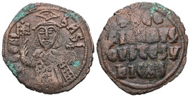 Theophilus, AD 829-842. AE, Follis. 6.55 g. 28.65 mm. Constantinople.
Obv: ΘEOFIL-bASIL. Crowned, three-quarter length figure of Theophilus facing, pe...
