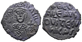 Theophilus, AD 829-842. AE, Half Follis. 4.91 g. 27.28 mm. Constantinople.
Obv: ΘEOFIL-bASIL. Crowned, three-quarter length figure of Theophilus facin...