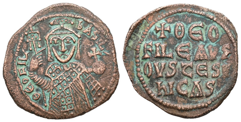 Theophilus, AD 829-842. AE, Half Follis. 4.44 g. 24.00 mm. Constantinople.
Obv:...