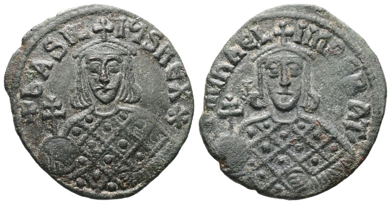 Michael III the Drunkard and Basil I, AD 842-867. AE, Follis. 6.19 g. 27.69 mm. ...