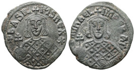 Michael III the Drunkard and Basil I, AD 842-867. AE, Follis. 6.19 g. 27.69 mm. Constantinople.
Obv: ✠mIҺAЄL IMPЄRAT'. Crowned, facing bust of Michae...
