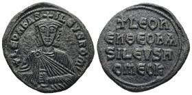 Leo VI the Wise, AD 886-912. AE, Follis. 6.06 g. 26.79 mm. Constantinople.
Obv: + LЄOҺЬAS-ILЄVSROM. Frontal bust of Leo VI with short beard wearing c...