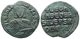 Leo VI the Wise, AD 886-912. AE, Follis. 6.10 g. 27.11 mm. Constantinople.
Obv: + LЄOҺЬAS-ILЄVSROM. Frontal bust of Leo VI with short beard wearing ch...