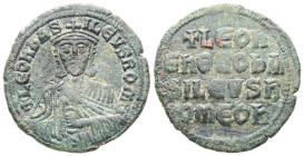 Leo VI the Wise, AD 886-912. AE, Follis. 6.97 g. 27.05 mm. Constantinople.
Obv: + LЄOҺЬAS-ILЄVSROM. Frontal bust of Leo VI with short beard wearing ch...