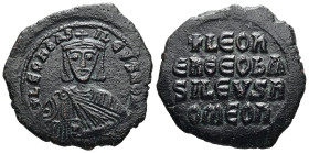 Leo VI the Wise, AD 886-912. AE, Follis. 9.00 g. 29.75 mm. Constantinople.
Obv: + LЄOҺЬAS-ILЄVSROM. Frontal bust of Leo VI with short beard wearing c...