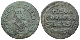 Leo VI the Wise, AD 886-912. AE, Follis. 5.39 g. 27.64 mm. Constantinople.
Obv: + LЄOҺЬAS-ILЄVSROM. Frontal bust of Leo VI with short beard wearing ch...