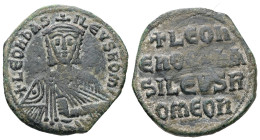 Leo VI the Wise, AD 886-912. AE, Follis. 6.58 g. 25.62 mm. Constantinople.
Obv: + LЄOҺЬAS-ILЄVSROM. Frontal bust of Leo VI with short beard wearing ch...