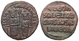 Leo VI the Wise and Alexander, AD 886-912. AE, Follis. 4.47 g. 26.29 mm. Constantinople.
Obv: + LЄOҺ-SALЄΞAҺδROS. Leo on left and Alexander on right,...