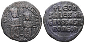 Leo VI the Wise and Alexander, AD 886-912. AE, Follis. 8.22 g. 26.30 mm. Constantinople.
Obv: + LЄOҺ-SALЄΞAҺδROS. Leo on left and Alexander on right, ...