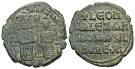 Leo VI the Wise and Alexander, AD 886-912. AE, Follis. 6.52 g. 26.68 mm. Constantinople.
Obv: + LЄOҺ-SALЄΞAҺδROS. Leo on left and Alexander on right,...