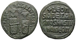 Leo VI the Wise and Alexander, AD 886-912. AE, Follis. 7.08 g. 27.47 mm. Constantinople.
Obv: + LЄOҺ-SALЄΞAҺδROS. Leo on left and Alexander on right, ...