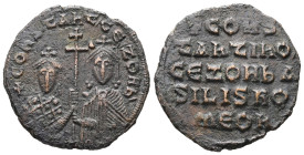Constantine VII Porphyrogentius and Zoe, AD 913-959. AE, Follis. 6.63 g. 25.99 mm. Constantinople.
Obv: + COҺSTAҺT' CЄ ZOH Ь. Crowned facing busts of ...