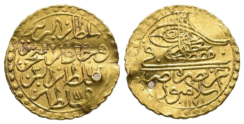 Islamic. Ottoman Empire. Mustafa III, AH 1171-1187 / AD 1757-1774. AV, 1.30 g. 1...