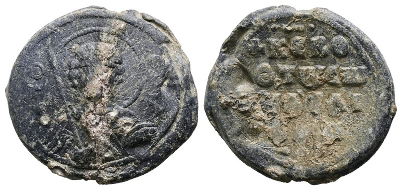 PB Byzantine seal (AD 11th century)
Obv: Bust of St George holding a spear and s...