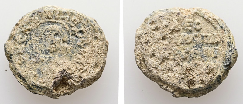 PB Byzantine seal of Leo imperial spatharios and ? (AD 10th century)
Obv: Bust o...