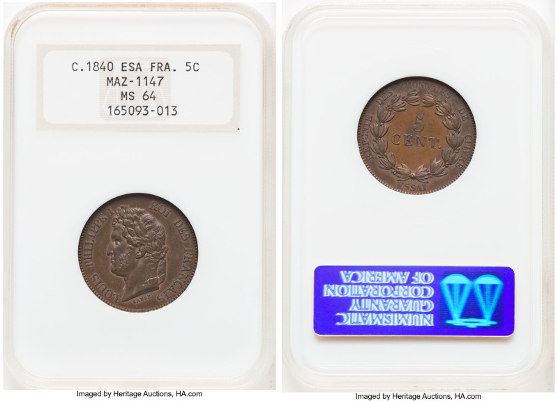 Louis Philippe bronze Essai 5 Centimes 1840 MS64 NGC, Maz-1147. HID09801242017 ©...