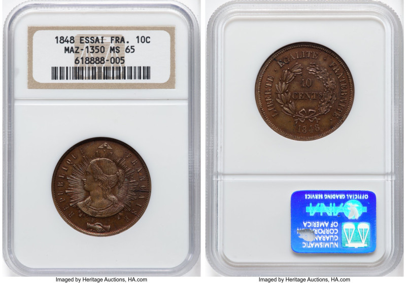 Republic copper Essai 10 Centimes 1848 MS65 NGC, Maz-1350 (R2). HID09801242017 ©...