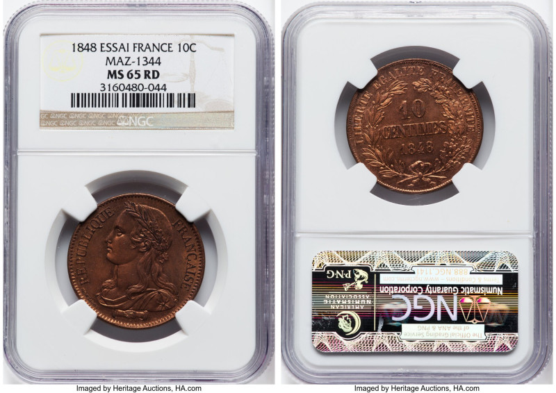 Republic copper Essai 10 Centimes 1848 MS65 Red NGC, Maz-1344. HID09801242017 © ...