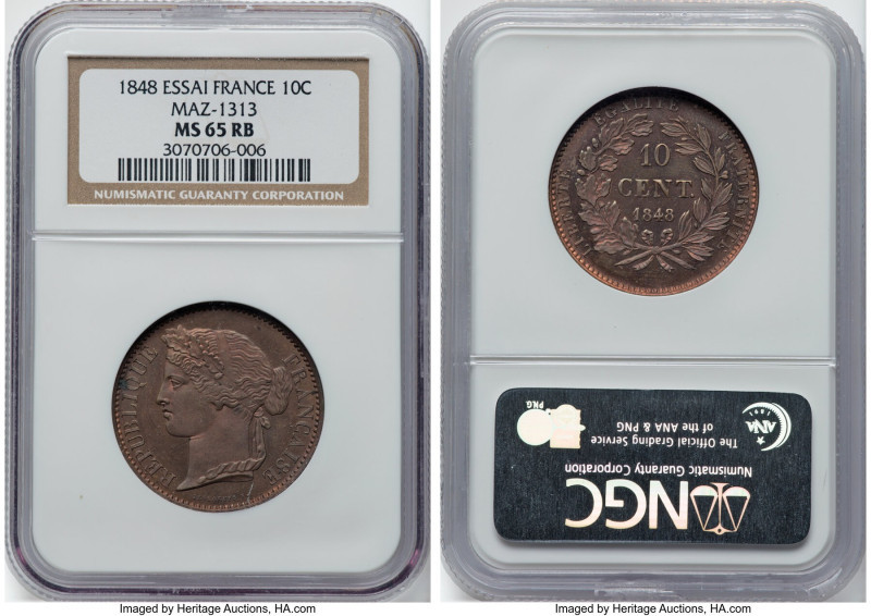 Republic copper Essai 10 Centimes 1848 MS65 Red and Brown NGC, Maz-1313 (R2). HI...