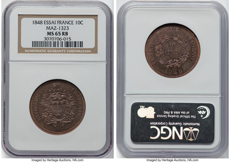 Republic copper Essai 10 Centimes 1848 MS65 Red and Brown NGC, Maz-1323 (R2). Ve...