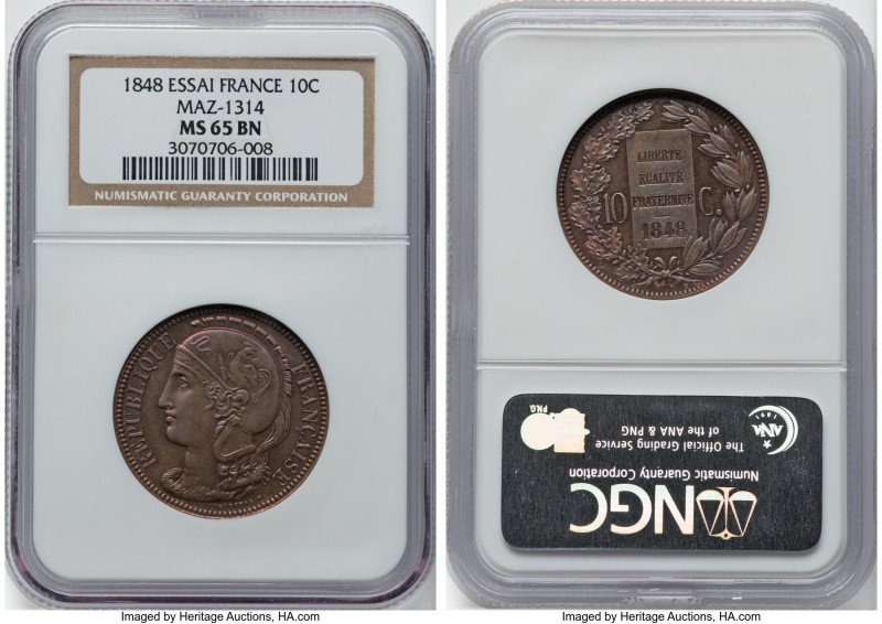 Republic copper Essai 10 Centimes 1848 MS65 Brown NGC, Maz-1314 (R2). HID0980124...