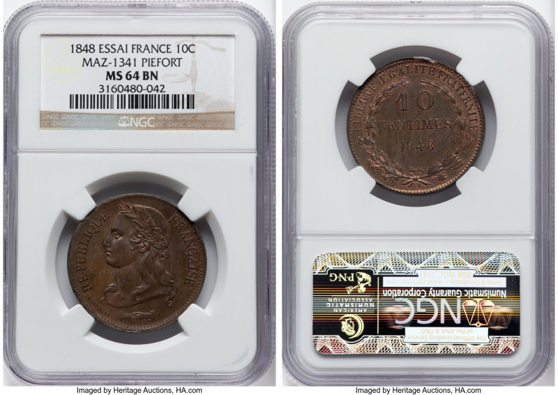 Republic copper Pattern Piefort 10 Centimes 1848 MS64 Brown NGC, Maz-1341. HID09...