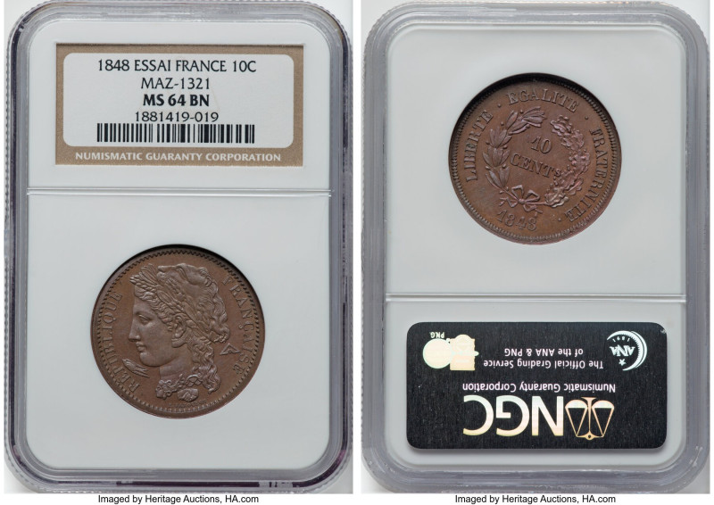 Republic copper Essai 10 Centimes 1848 MS64 Brown NGC, Maz-1321. HID09801242017 ...