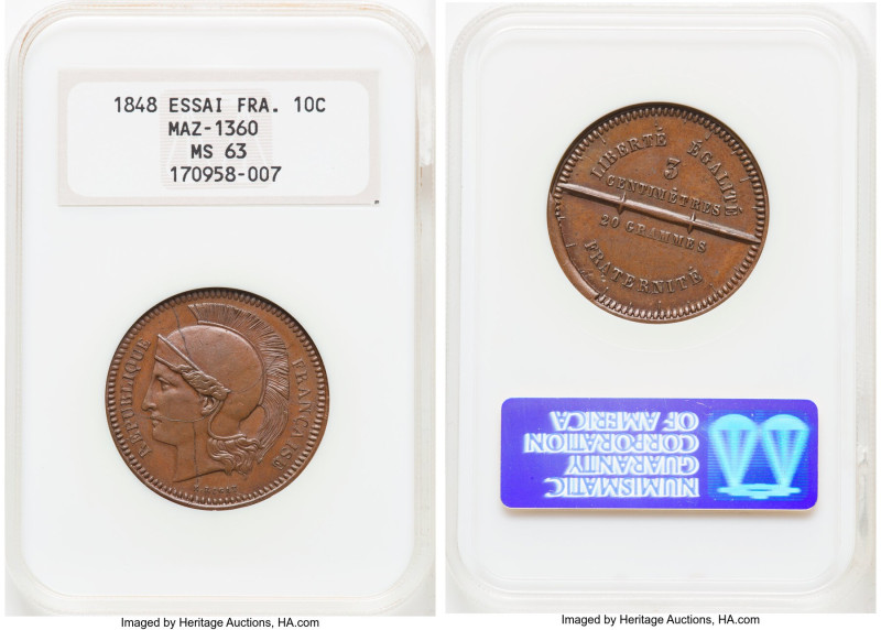 Republic copper Essai 10 Centimes 1848 MS63 NGC, Maz-1360 (R2). HID09801242017 ©...