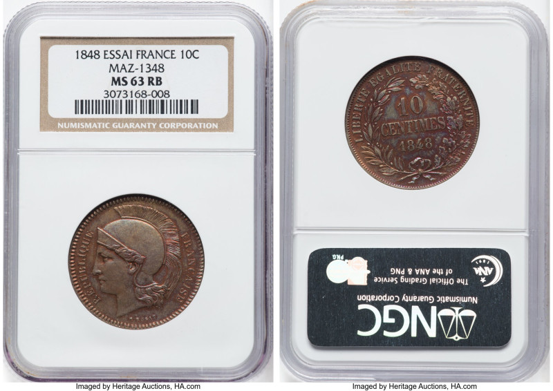 Republic copper Essai 10 Centimes 1848 MS63 Red and Brown NGC, Maz-1348 (R2). Se...