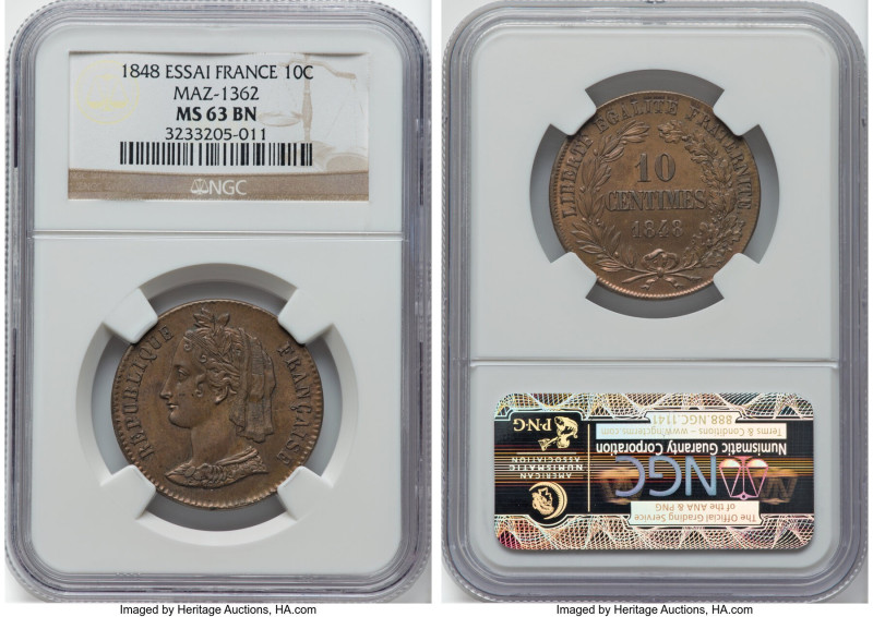 Republic copper Essai 10 Centimes 1848 MS63 Brown NGC, Maz-1362 (R2). HID0980124...