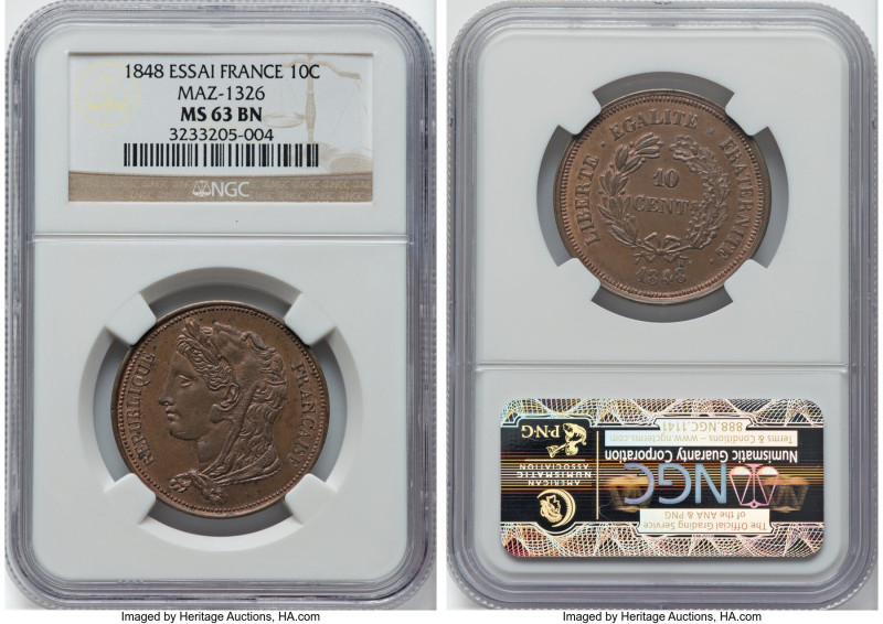 Republic copper Essai 10 Centimes 1848 MS63 Brown NGC, Maz-1326. HID09801242017 ...