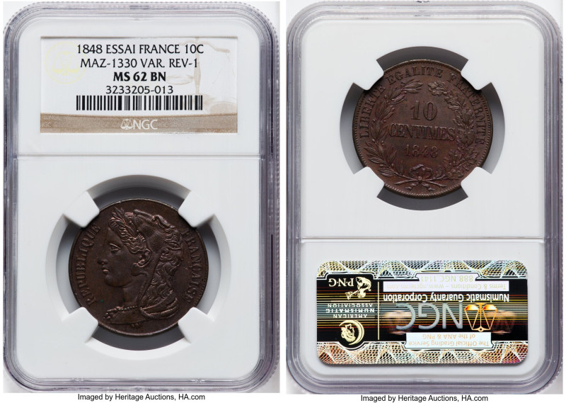 Republic copper Essai 10 Centimes 1848 MS62 Brown NGC, Maz-1330 var. (reverse 1)...