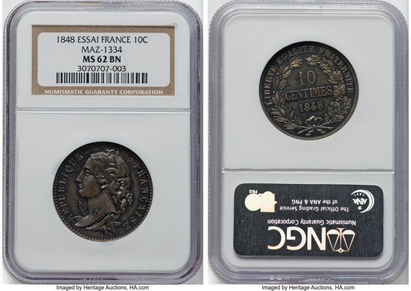 Republic copper Essai 10 Centimes 1848 MS62 Brown NGC, Maz-1334. HID09801242017 ...