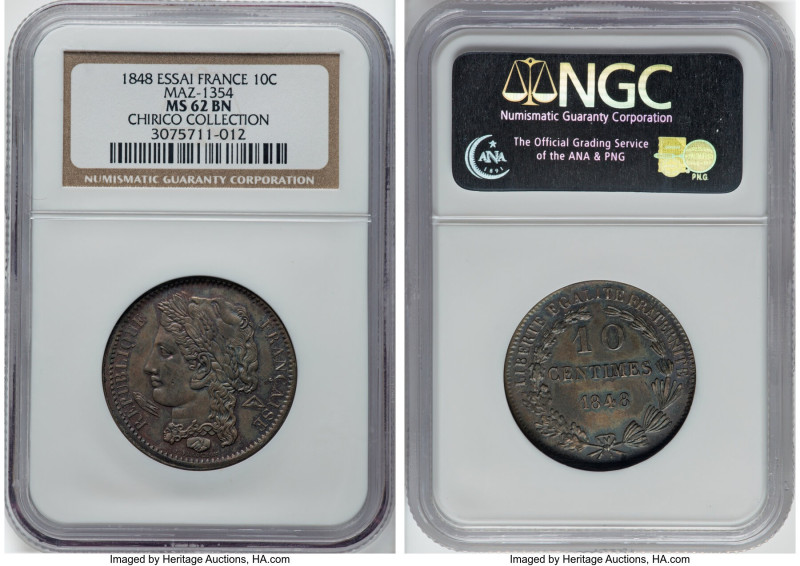 Republic copper Essai 10 Centimes 1848 MS62 Brown NGC, Maz-1354. HID09801242017 ...