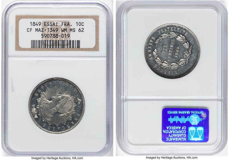 Republic white-metal Essai 10 Centimes 1849 MS62 NGC, cf. Maz-1349 (there, in co...