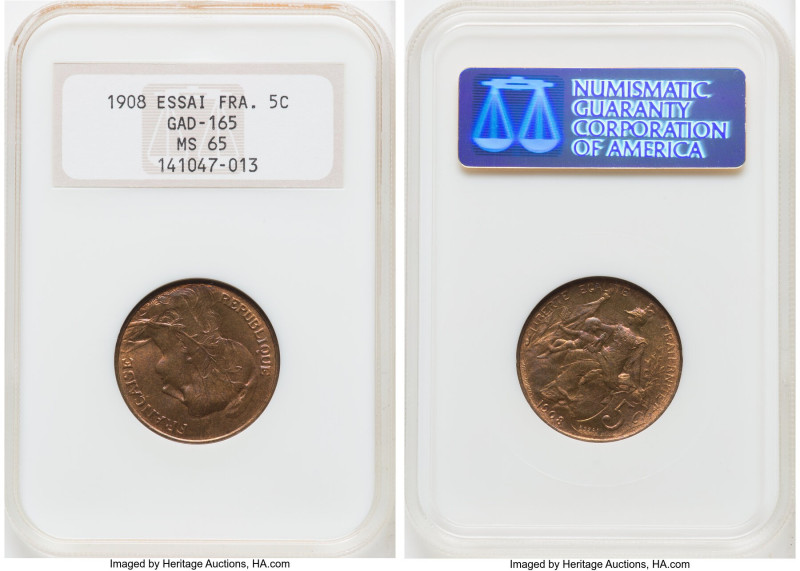 Republic Essai 5 Centimes 1908 MS65 NGC, Gad-165. Only specimen certified by NGC...