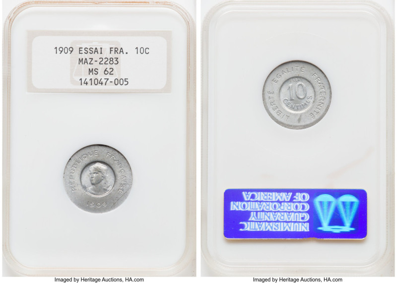 Republic aluminum Essai 10 Centimes 1909 MS62 NGC, Maz-2283 (R2). HID09801242017...