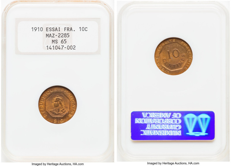 Republic bronze Essai 10 Centimes 1910 MS65 NGC, Maz-2285 (R2). Lone example at ...